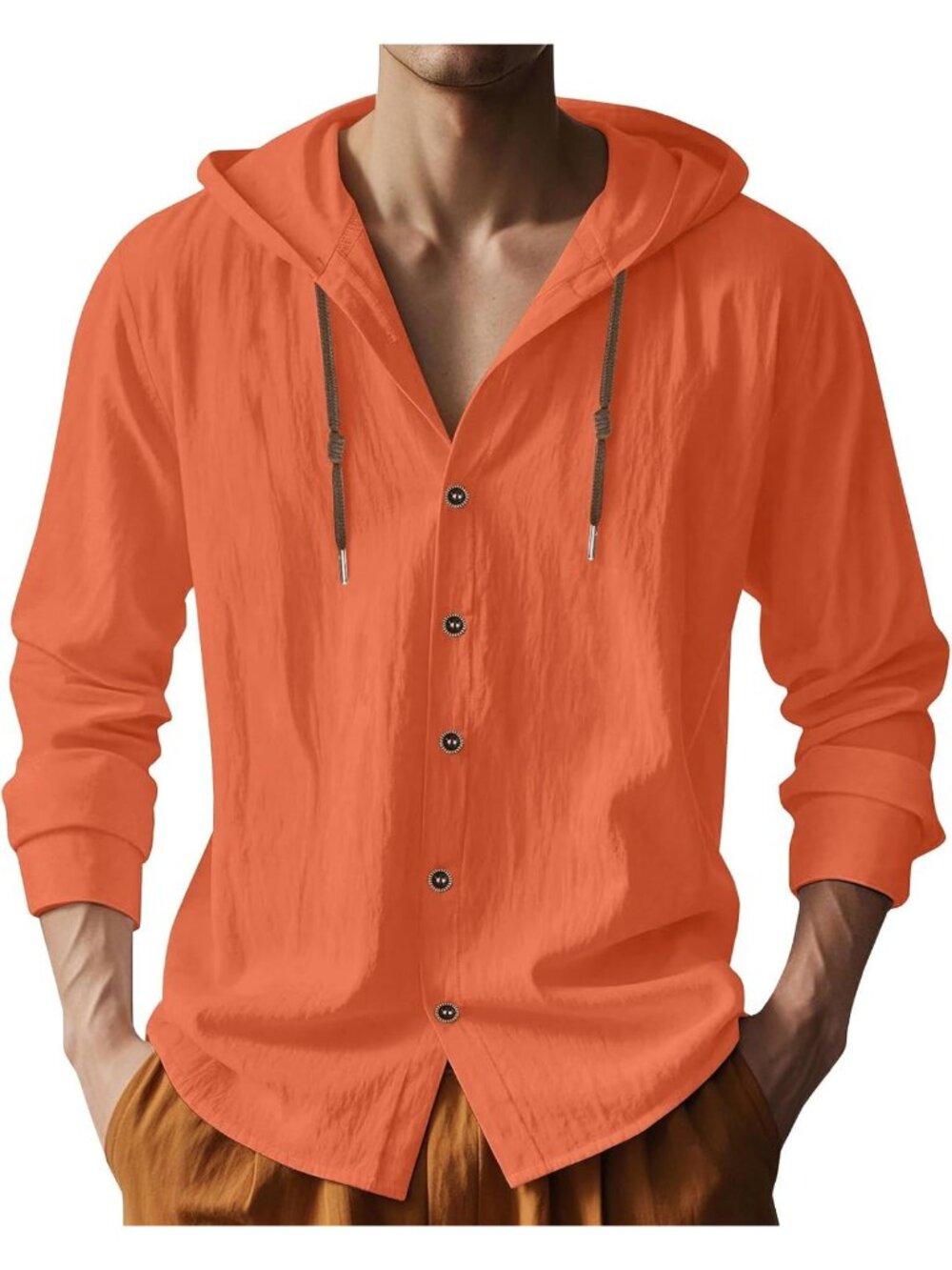 Men's Orange Cotton Linen Long Sleeve Top Casual Lightweight Button Down Hoodie
